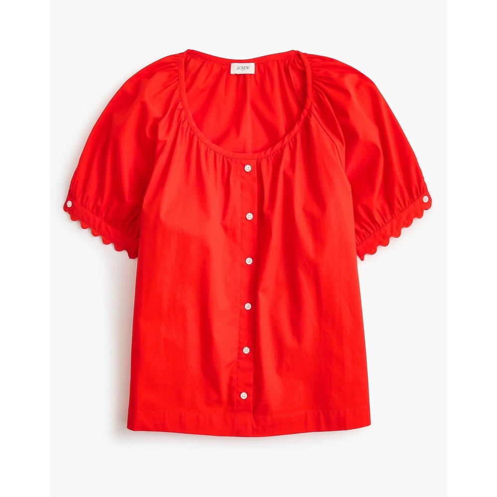 J.Crew Red Regenerative Cotton Puff Sleeve Scallop Trim Blouse XS CV014 NEW